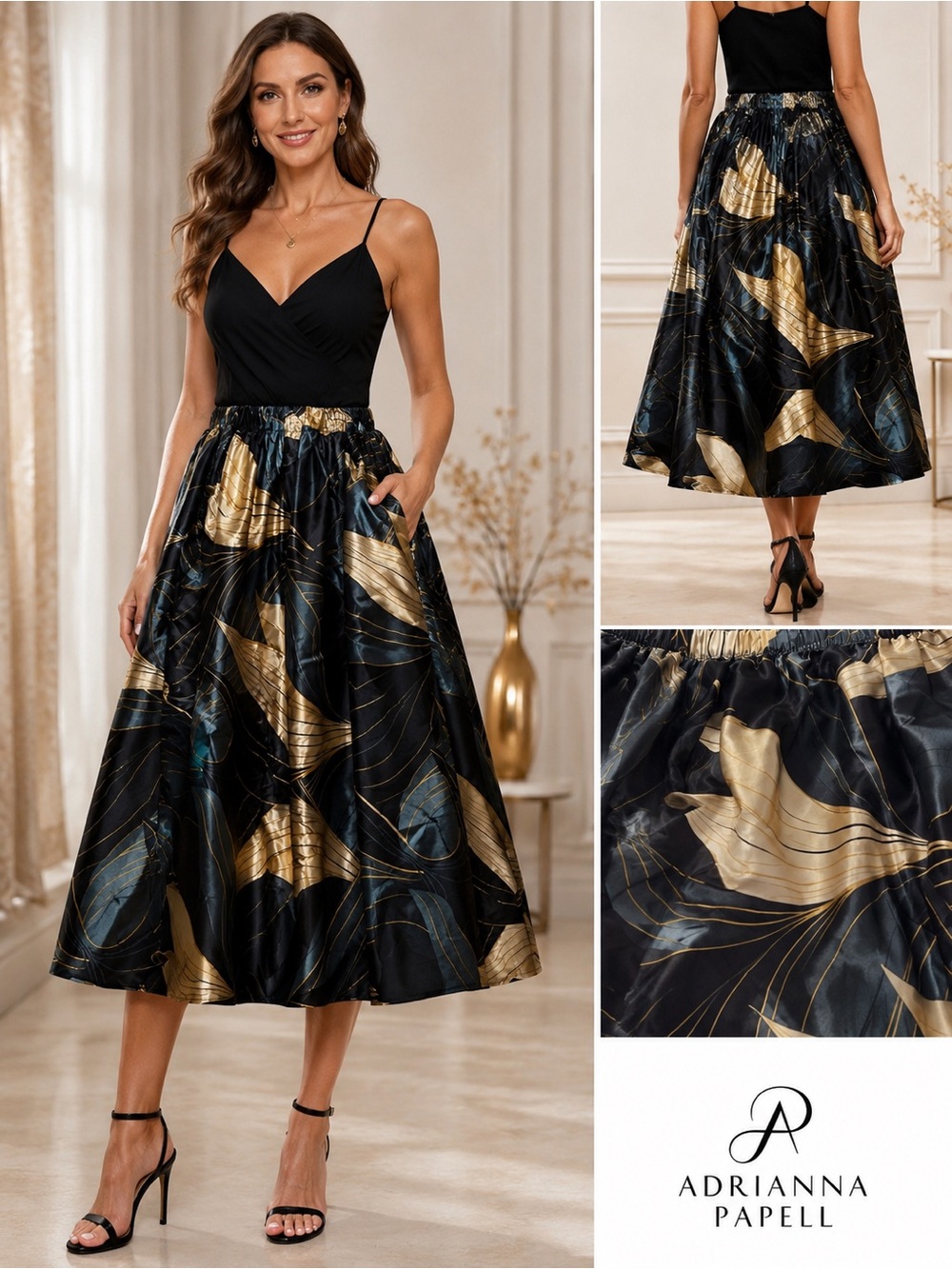 Adrianna Papell Black and Gold Floral-Print Midi Dress